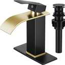 Qomolangma Waterfall Bathroom Faucet, Black and Gold Modern Single Handle Bathroom Faucets for 1 or 3 Hole Bathroom Sink Faucet Mixer Tap Washbasin Faucet with Deck, Pop-up Drain and Supply Hoses