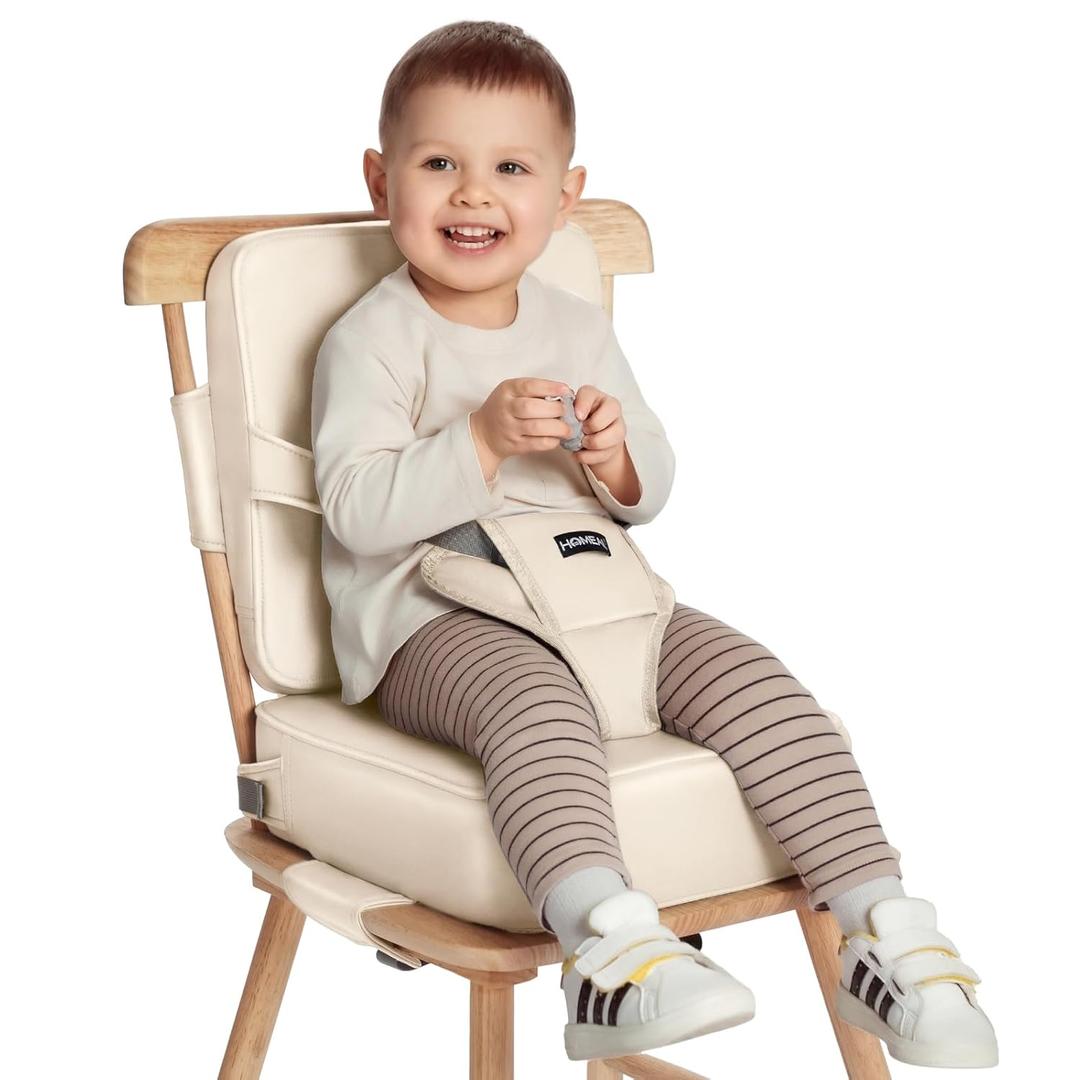 HOMEAL Booster Seat for Kitchen Chair, Breathable Toddler Booster Seat for Dining Table with Backrest and Adjustable Straps, Portable Travel Toddler Booster Seat, Beige