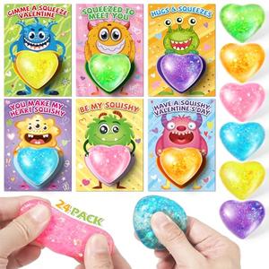 OCHIDO Kids Valentines Day Greeting Cards With Heart Shape Squeeze Toys,24 Pack Kids Valentine Exchange Cards for Girls Boys School Class Exchange Gifts,Classroom Prizes, Bulk,Valentine Party Favor