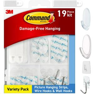 Command Clear Variety Pack, Including 8 Pairs of Picture Hangers, 4 Clear Wire Hooks and 11 Wall Hooks for Hanging Christmas Decorations, Damage-Free Hanging Up to 19 Items