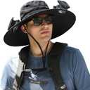 Outdoor Wide Brim Sun Hat with 2 Solar Fan Sun Bucket Hat for Men Women UPF 50+ Bucket Fishing & Beach Hat with Fan Built in