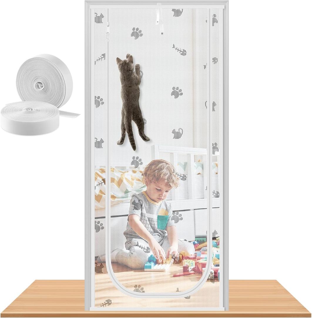 Reinforced Cat Screen Door, Fits Door Size 32" x 80", Pets Proof Screen Door with Zipper Closure, Durable Cat Resistant Screen Door Mesh for Living Room, Bedroom, White, 35'' W x 83'' H