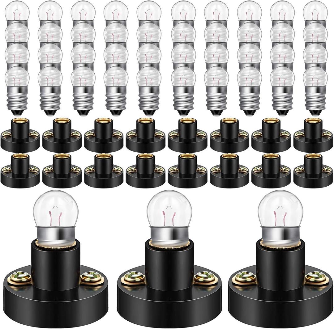 60 Pcs E10 Screw Mini Bulbs Warm White Bulb Light and E10 Mini Bulb Holder Screw Type Bulb Socket Black Plastic Bulb Holder for Student Experiment Lighting DIY Accessories (1.5V, 0.3A)