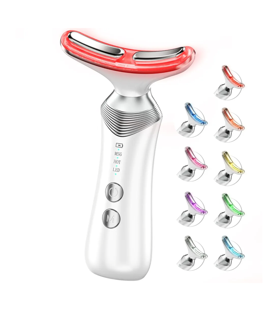 9-in-1 Red-Light-Therapy-for-Face-and-Neck, Portable Facial Massager Tool with Adjustable Vibration & Thermals for Wrinkles, Double Chin, White
