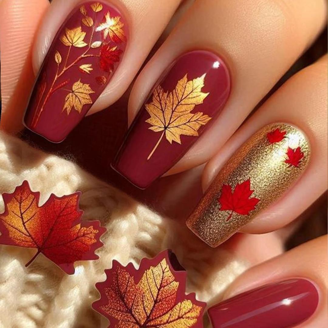 Fall Press on Nails Medium Square Fake Nails Glitter Gold False Nail Burgundy and Maple Leaves Design Autumn Full Cover Gel Artificial Nails Stick on Nails for Women Girls 24 PCS