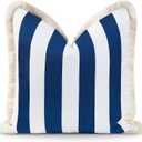 Hofdeco Premium Coastal Hampton Style Patio Indoor Outdoor Pillow Cover Only, 20"x20" Water Resistant for Backyard, Couch, Navy Blue Stripe Fringe (Navy Blue Stripe 20"x20")