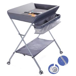 EGREE Baby Changing Table Portable Folding Diaper Changing Station with Wheels, Adjustable Height Mobile Nursery Organizer with Safety Belt and Large Storage Racks for Newborn Baby and Infant, Gray (Grey)