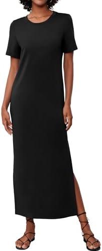 Casly Lamiit Women's Short Sleeve Double Split Maxi Dress 2025 Summer Casual Plain Striped Loose Long T Shirt Dresses,Black XS