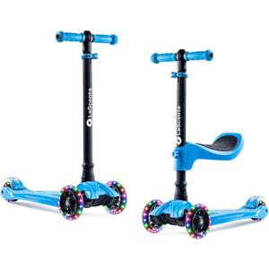 Lascoota 2-in-1 Kids Kick Scooter with Seat, 3 Wheel Scooter, Blue | Four-Position Adjustable Handlebar and Removable Seat Provide a Comfortable Fit for Toddlers and Young Kids