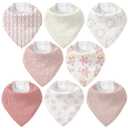 Muslin Baby Bibs 8 Pack, Baby Bandana Drool Bib for Drooling and Teething, Cotton Soft Absorbent for Girls Boys Spring Impression (Pink Floral)