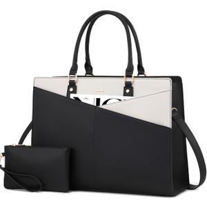 LOVEVOOK Laptop Tote Bag for Women, Waterproof Leather Business Office Work Bag Computer Briefcase with Small Clutch fit for 17.3 Inch Laptop,Black-Beige