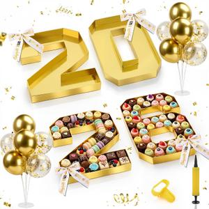 2026 Grad Cardboard Letters with 14 Balloons Bows Decorations 10'' Graduation Charcuterie Numbers Fillable Trays and 2 Balloon Stands for Graduation Party Supplies(Gold,2026)