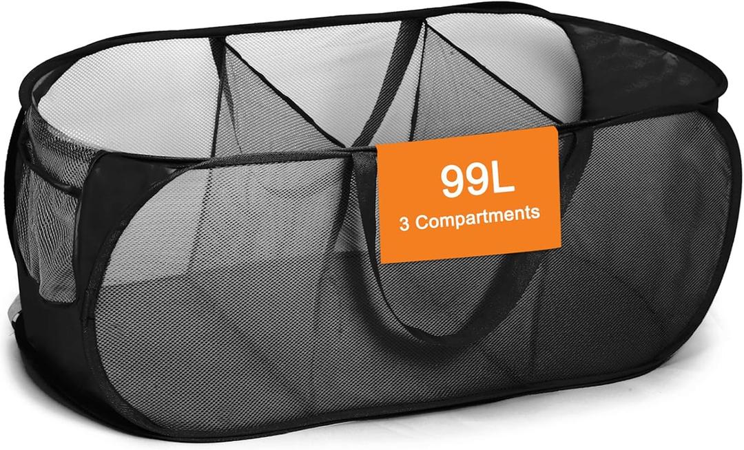 Foldable Laundry Baskets, Collapsible Mesh Laundry Hamper, Durable Pop Up Laundry Basket, 3 Compartments Clothes Hampers for Laundry, Easy to Carry & Sort for Dorm, Home, Kids Room, Travel Black