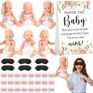 37 Pcs Baby Shower Diaper Changing Game Supplies Including Dolls Blindfold Diapers Cardboard Sign Baby Changing Diaper Race Game Set for Gender Reveal Party (Warmth)
