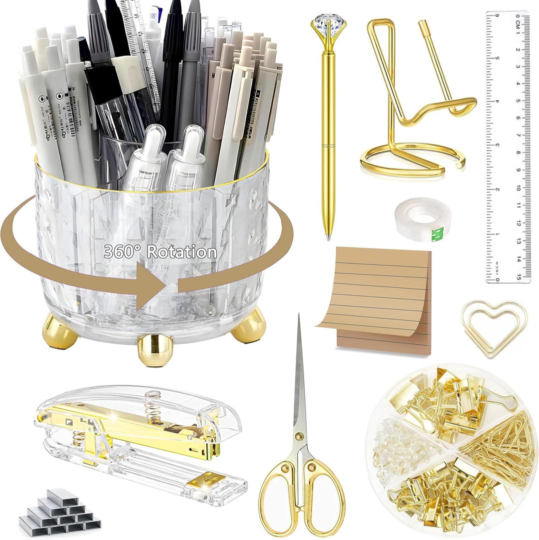 Gold Desk Accessories, Office Desk Organizers and Accessories 360Pen Holder Acrylic Stapler Set, Phone Holder, Ballpoint Pen, Scissor, Binder Clips, Ruler, Transparent Glue, Sticky Note and Staples.