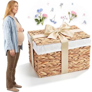 Gender Reveal Baskets with Lid 15 x 10.2 x 9.8 Inch Wicker Shelf Gender Reveal Baskets Baby Shower Storage Basket Decoration for Baby Shower Party Decor Home Organizer, Light Brown