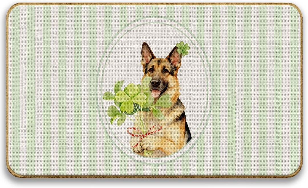 St. Patrick's Day German Shepherd Doormat, Irish Shamrock German Shepherd Dog Door Mat for Inside Outside Entrance Porch, Green Striped Clover Dog Welcome Mats, 17x30 Inches