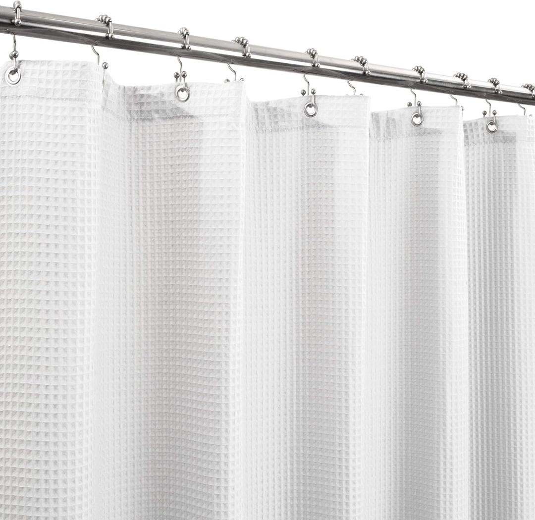 Barossa Design Fabric Shower Curtain Cotton Blend 78 inch Long, Honeycomb Waffle Weave, Hotel Luxury, Heavy Weight, Spa, Washable, White, 72x78