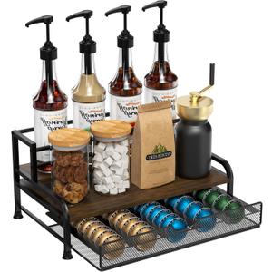 Coffee Syrup Rack Organizer, 3-Tier 8 Bottles Syrup Rack with Pod Holder Drawer for Nespresso Pods, Holds up to 30 Big or 40 Small Capsules, Countertop Coffee Bar Organizer for Kitchen Cafe