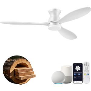 52" Wood Ceiling Fans with Lights Remote,Smart Control via Wifi Alexa APP,Quiet DC Motor,Modern Flush Mount Hugger Ceiling Fan for Low Profile Bedroom,Patio,Matte White,Outdoor Indoor,3 Blade,Dimmable