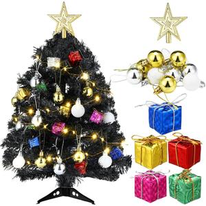Hungdao 20 Inch Tabletop Mini Christmas Tree Set with LED Lights Artificial Small Xmas Tree DIY Decor Ornaments Balls, Star Treetop for Home Indoor Table Desk(Black)