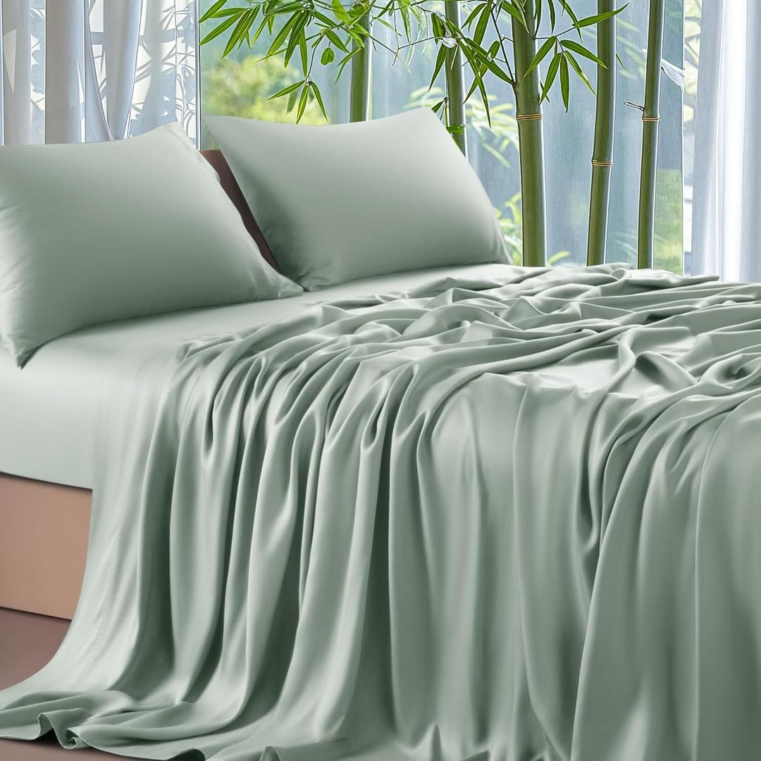 Shilucheng 100% Viscose Derived from Bamboo_ Sheets Queen Size 4pcs - Ultra Cooling & Silky Soft Bed Sheets, 16" Deep Pocket, Perfect for Hot Sleepers, Hotel Bedding Sheets (Sea Glass)