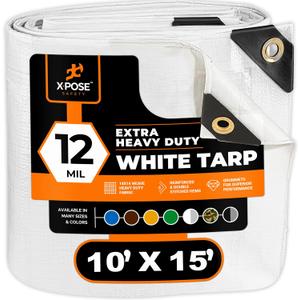 Heavy Duty White Poly Tarp 10' X 15' - Multipurpose Protective Cover - Durable, Waterproof, Weather Proof, Rip and Tear Resistant - Extra Thick 12 Mil Polyethylene - by Xpose Safety