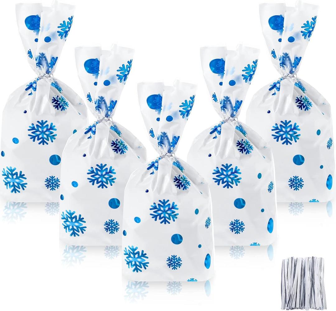 Outus 100 Pcs Christmas Favor Bags Snowflake Santa Claus Treat Bags Flat Cellophane Plastic Container for Bakery Cookies Candies Dessert with 100 Pieces Twist Ties(Snowflake,Blue)