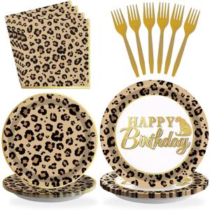 Grencian 96 Pcs Cheetah Print Birthday Decorations Leopard Print Party Supplies Brown Leopard Plates and Napkins Safari Themed Paper Plates for Birthday Jungle Safari Cheetah Theme Party Serves 24
