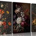 Framed 3Pcs Dark Floral Canvas Wall Art Set Moody Flower Prints Vintage Botanical Wall Painting, Rustic Farmhouse Black Floral Picture Art Moody Daisy Wall Decor for Living Room Bedroom12x16inx3