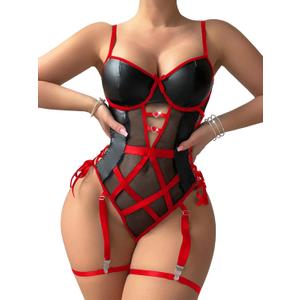 Sexy Strappy Lace Up Underwire Sheer Leather Garter Belt Teddy Bodysuit Lingerie Top 2 Piece Set (Medium, Black Red) Sexy Strappy Lace Up Underwire Sheer Leather Garter Belt Teddy Bodysuit Lingerie Top 2 Piece Set (Medium, Black Red)