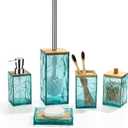 GAHEFY Teal Blue Beach Bathroom Accessories Set, Toothbrush Holder, Soap Dispenser, Cotton Swabs Holder, Soap Dish, Toilet Brush with Holder, Boho Bamboo Bathroom Decor,Acrylic (Teal)