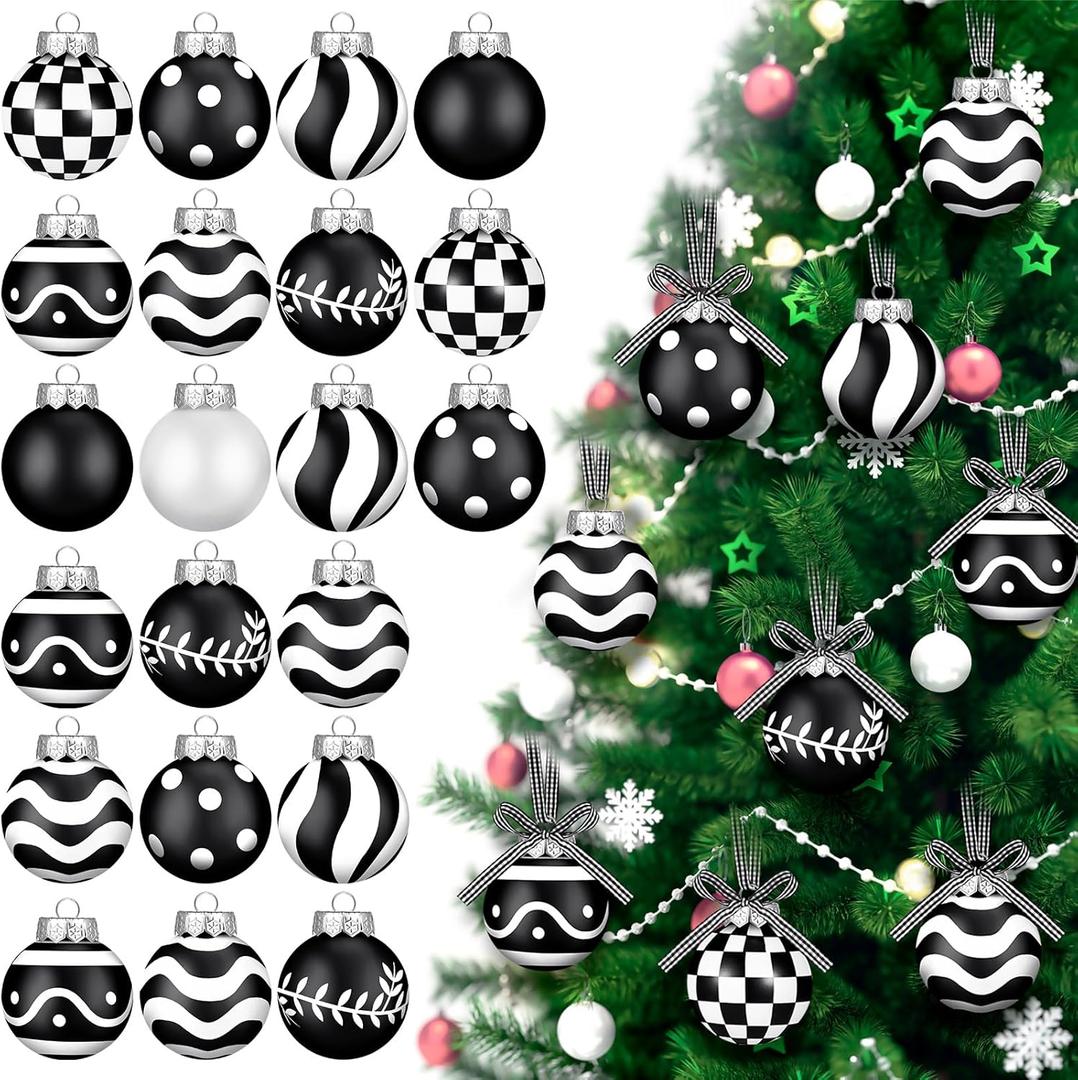 Chuangdi 24 Pcs Christmas Ball Ornaments for Tree Black and White Tree Decorations Modern Striped Swirl Polka Dots Hanging Ball 2.36'' Plastic Balls for Holiday Hanging Decor (Mixed Print)
