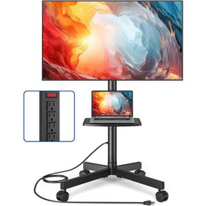 Rolling TV Stand with Power Outlet, Mobile TV Carts for 23-55 60 Inch TVs Curved/Flat Screen up to 88 lbs,Tilt Height Adjustable Portable TV Stand with wheels for Home Office,Max VESA 400x400mm