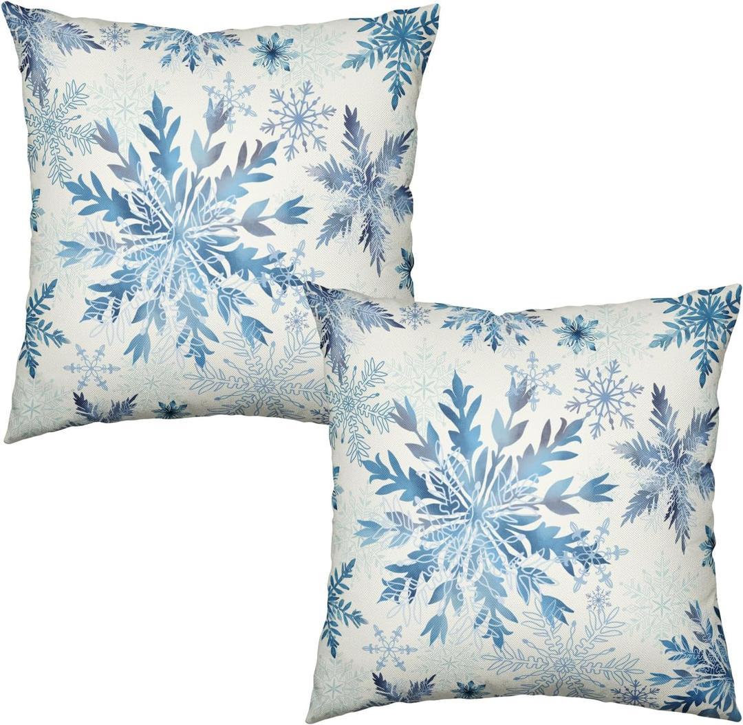 Set of 2 Winter Snowflake Pillow Covers Blue Christmas Decorative Throw Pillow Cases 18x18 Inch Farmhouse Xmas Holiday Outdoor Cotton Linen Pillowcase for Living Room Couch Sofa Decor