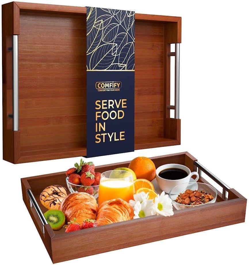 Modern Bamboo Serving Tray with Metal Handles  Stylish Wooden Ottoman Tray for Entertaining & Serving Food - Dark Brown, Eco-Friendly and Versatile Design (16.9")