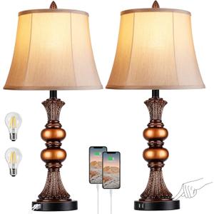 Set of 2 Touch Control Traditional Table Lamp, 27"H Bedside Lamps with 2 USB Charging Ports, 3-Way Dimmable Bronze Finish Large Nightstand Lamps with Bell Faux Silk Shade for Living Room, Bedroom (Bronze Large(Warm White Bulbs))