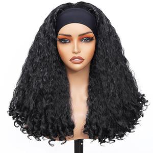 Headband Wig 20 Inch Afro Curly Wigs for Black Women, Braided hair Texture With Unique Bouncy Curls in the Ends, Wear and Go Glueless Half Wig with Headbands Attached (Headband Wig-Black)