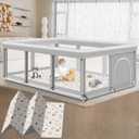 Large Baby Playpen with Mat, 74" 50", Large Play Yards Indoor & Outdoor, Sturdy Safety Baby Play Pen with Soft Breathable Mesh, Toddlers Play Pen with Anti-Slip Base, Mat Included (745027 Inch, Grey + Animals Mat)
