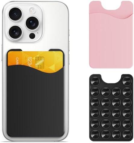 Pack of 2, Perfitek Phone Card Holder 2 Pack, Suction Phone Card Holder Mount, Phone Wallet, for iPhone and Android Phones with Glass Backs (Black+Pink)