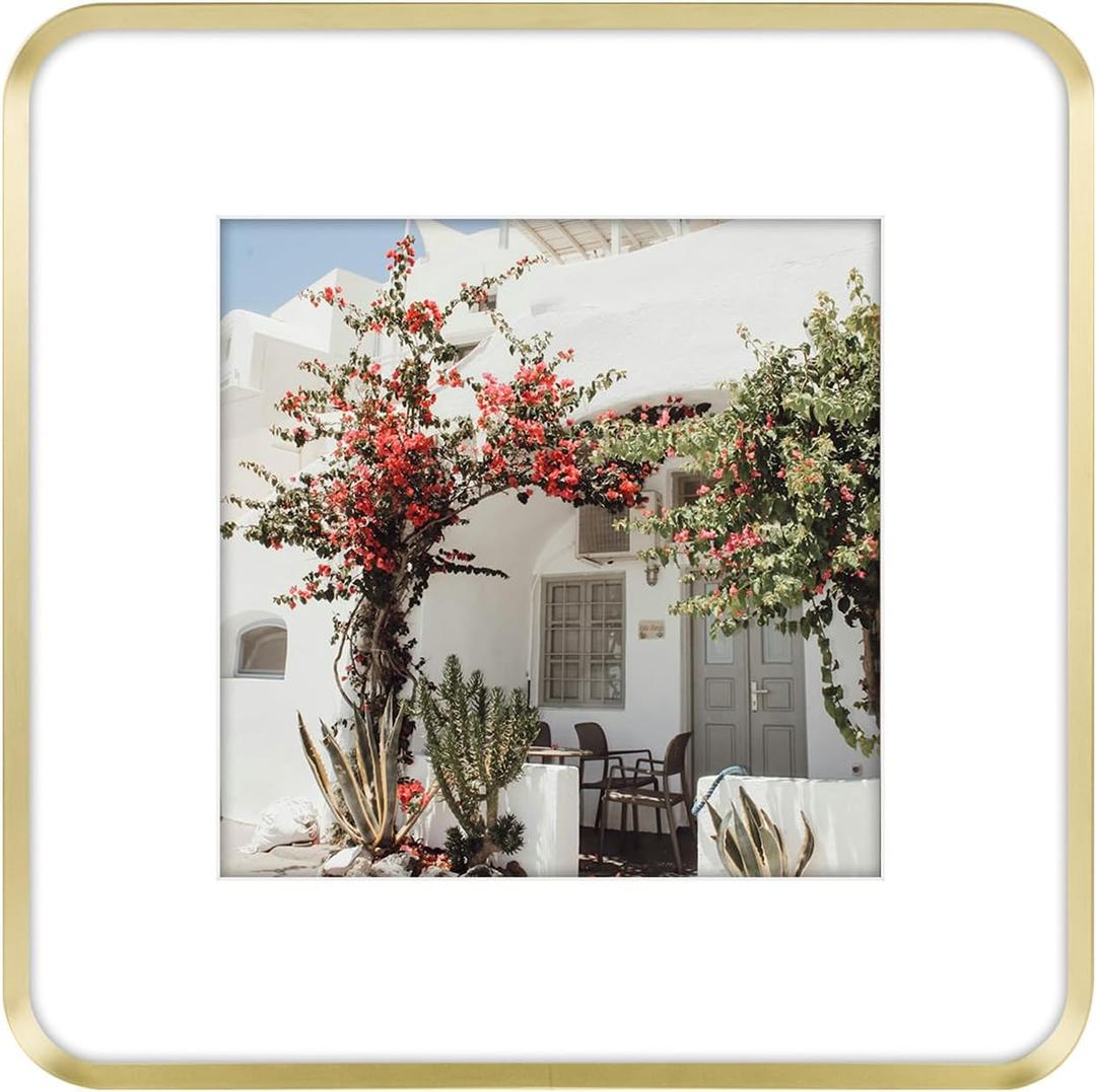 Golden State Art 12x12 Aluminum Picture Frame Gold - With Mat for 8x8 Photo or Without Mat for Round Edges 12 x 12 Photo with 1-inch Radius Corner - Real Glass - Matte Modern Wall Decor