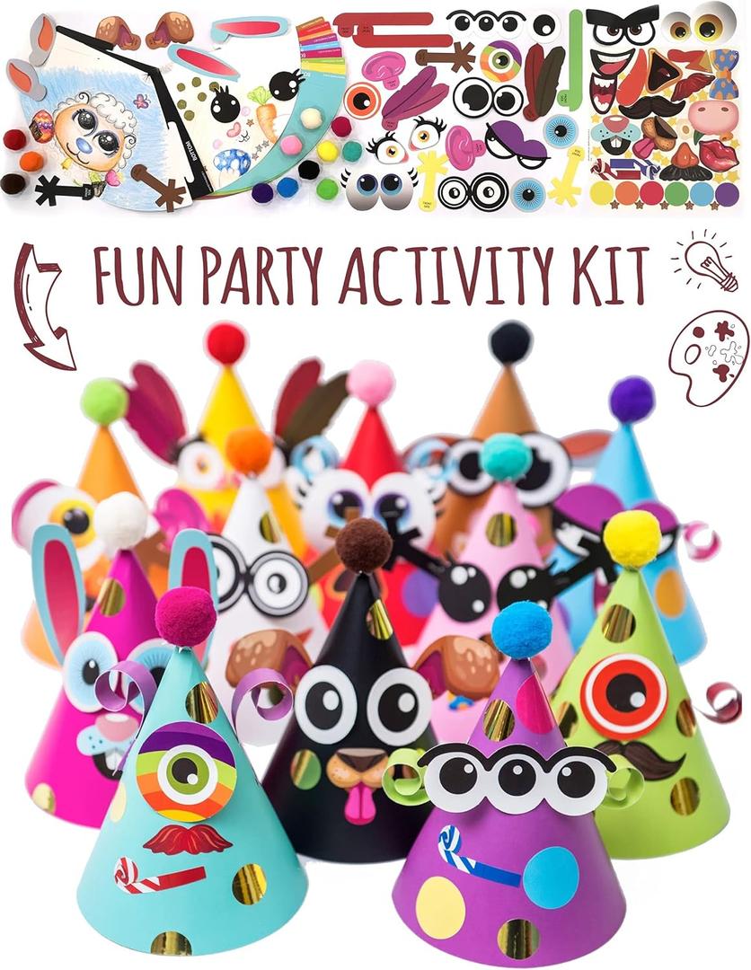 Glittery Garden 24 Pcs Party Hats Birthday Activity Kit with Stickers - Kids Fun Arts & Crafts. Make Your Own Animal & Monster Theme Party Favors & Game Supplies