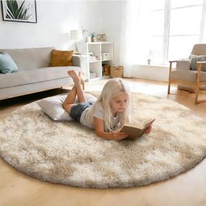 Fluffy Round Rug,Soft Area Rugs for Girls Room,Shaggy Rugs 5'X5' for Living Room,Non Slip Circle Rug for Kids Bedroom,Shag Plush Nursery Carpets,Fuzzy Rug for Dorm,Room Decor Carpet,Tie-Dyed Beige