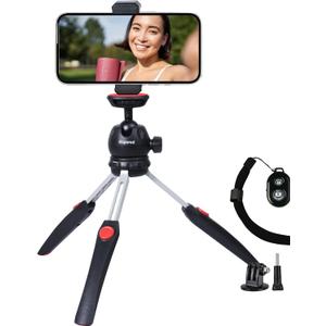 Mini Tripod with Phone Holder, Go Pro Adapter and Bluetooth Remoter Compatible with iPhone, Action Camera, Digital Camera, Osmo Pocket 3, 2