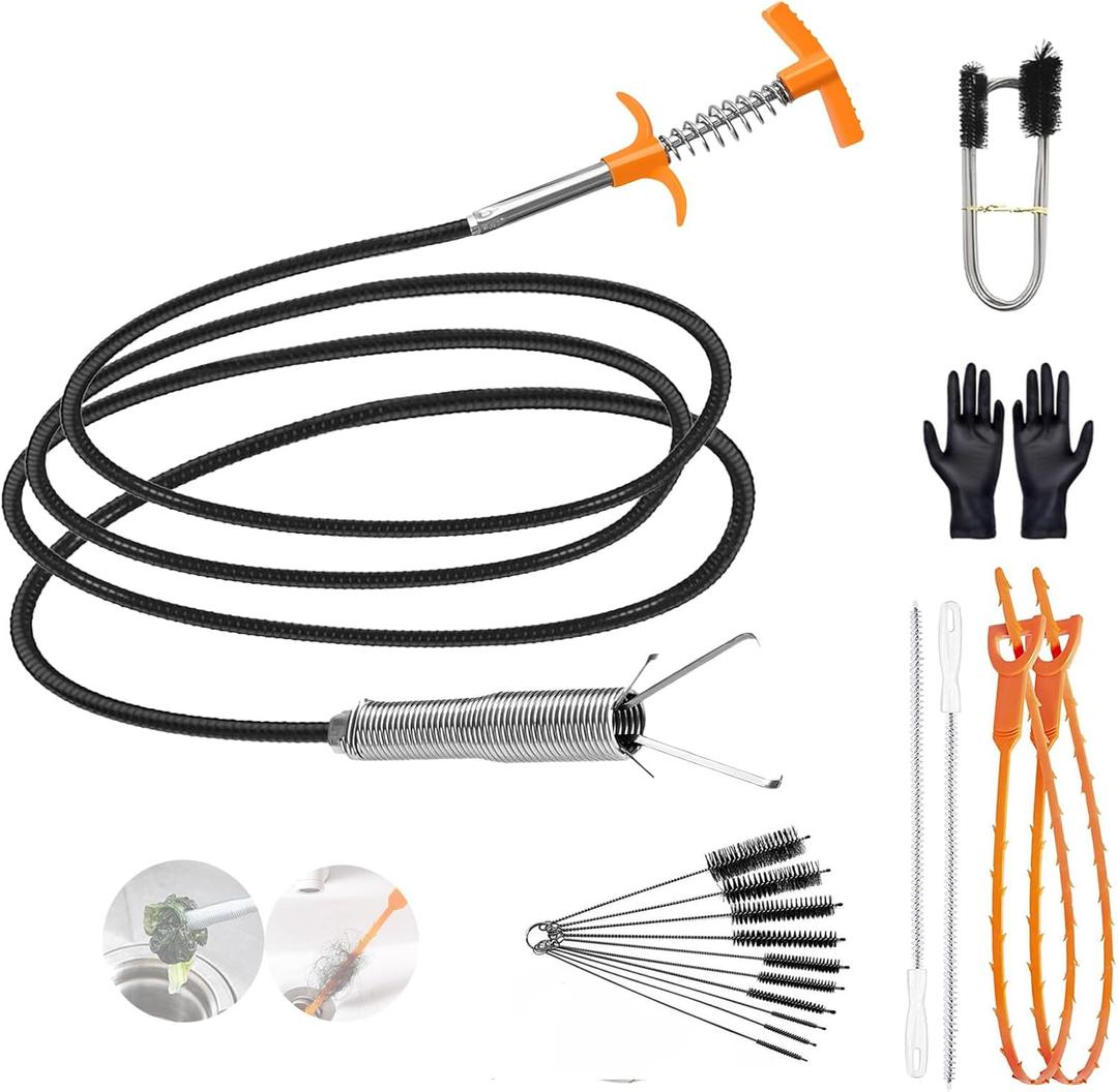 79 Inch Drain Snake Hair Drain Clog Remover, Flexible Sink Snake Drain Cleaner Tool Set, Plumbing Snake for Toilet Sewer Shower Kitchen Bathroom Tub Clogged Hair Removal
