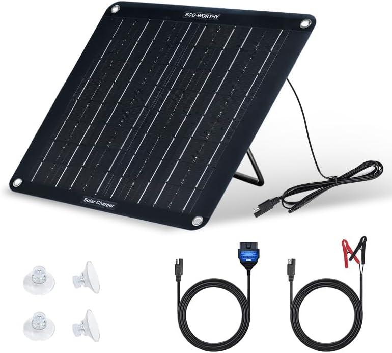 ECO-WORTHY Upgraded 10W Solar-Battery-Charger-Maintainer-12V Waterproof Portable Solar Panel Trickle Charger with OBD and Quick-Stand Support for Car Truck Boat Mower RV Trailer ATV Marine Battery