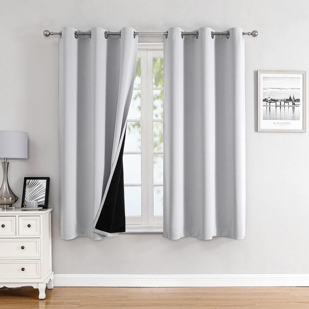 ChrisDowa 100% Blackout Curtains for Bedroom with Black Liner, 2 Thick Layers Total Blackout Thermal Insulated Grommet Window Curtains 2 Panels Set (Greyish White, 42 x 63 Inch)