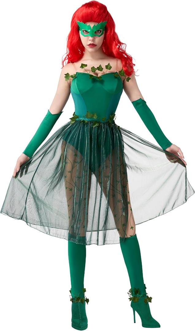 Spooktacular Creations 9 Pcs Green Ivy Costume, Womens Halloween Costumes 2025 with Wig for Cosplay Parties Comic Con (Green, L)