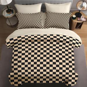 Checkerboard Grid Geometric Plaid Khaki Black Comforter Set 7 Pcs King Size Quilt, Checkered Geometric Retro Soft Bedding Set with Flat and Fitted Sheet Pillowcases Sham for Adults Bedroom Bed Decor