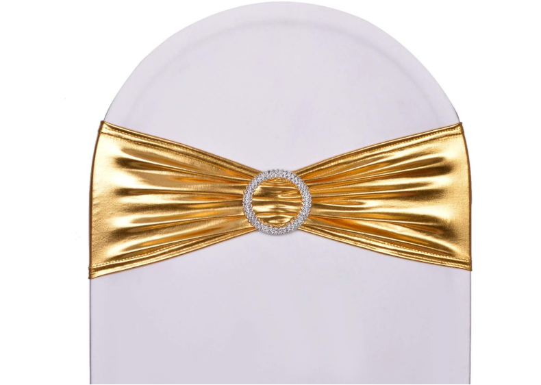 Metallic Golden Spandex Chair Sash, Stretchable Elastic Bands Durable,Slipcovers for Christmas Engagement Event Birthday Decoration, Size 13x5 in